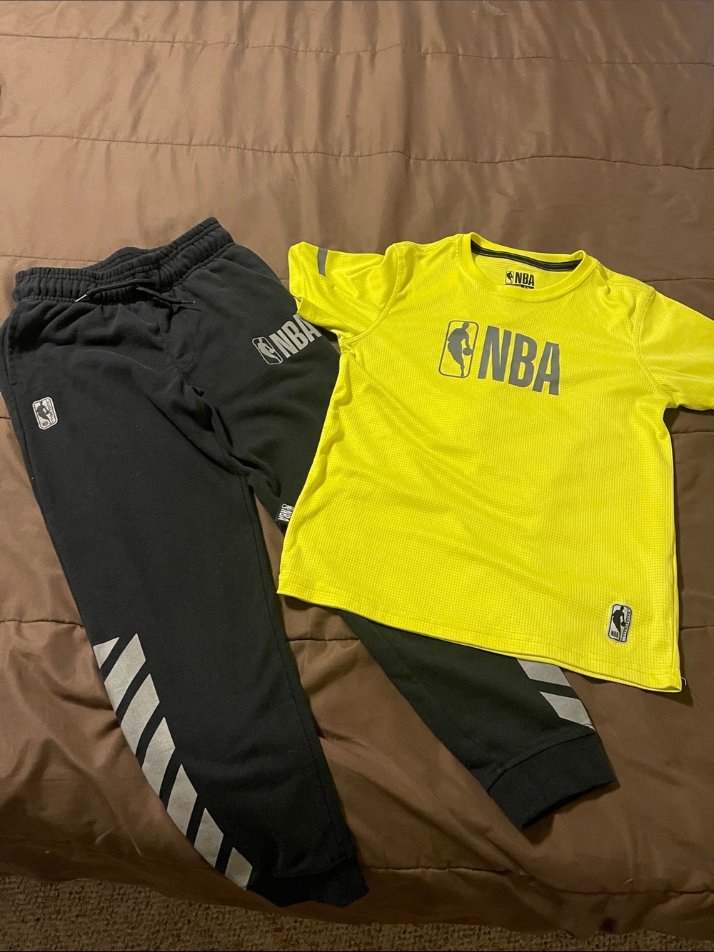 NBA Short sleeve yellow sleek shirt, size medium, NBA black joggers size small.